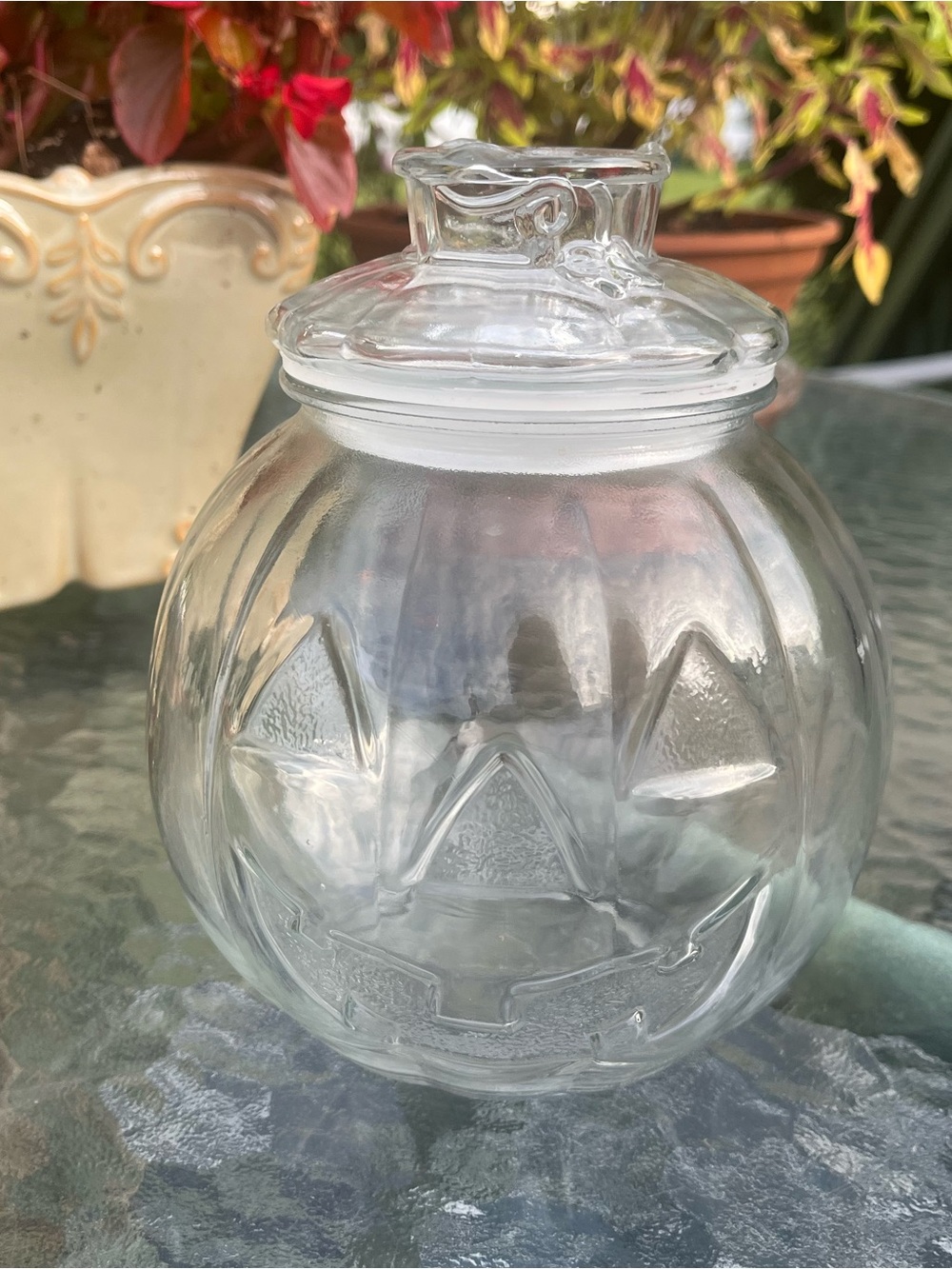 Clear Glass Pumpkin Candy Jar w/ Lid 48 oz 7 in Traditional Halloween Libby VTG
